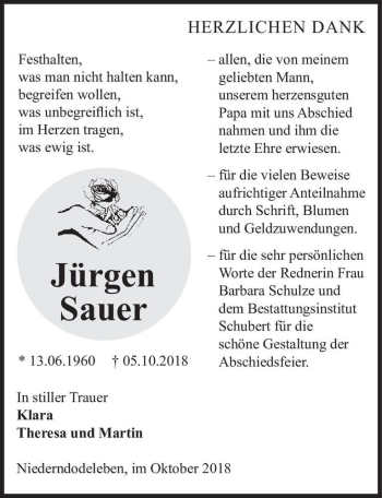 Traueranzeige von Jürgen Sauer  von Magdeburger Volksstimme