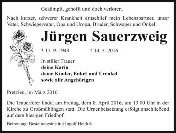 Traueranzeige von Jürgen Sauerzweig  von Magdeburger Volksstimme