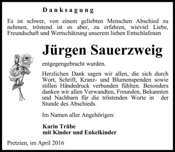 Traueranzeige von Jürgen Sauerzweig  von Magdeburger Volksstimme