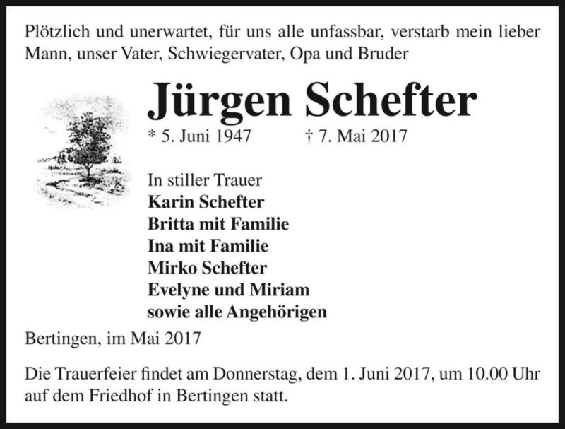  Traueranzeige für Jürgen Schefter  vom 20.05.2017 aus Magdeburger Volksstimme