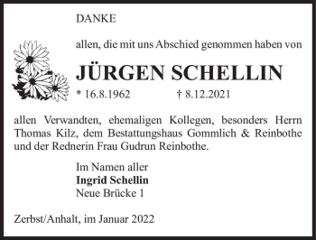 Traueranzeige von Jürgen Schellin  von Magdeburger Volksstimme