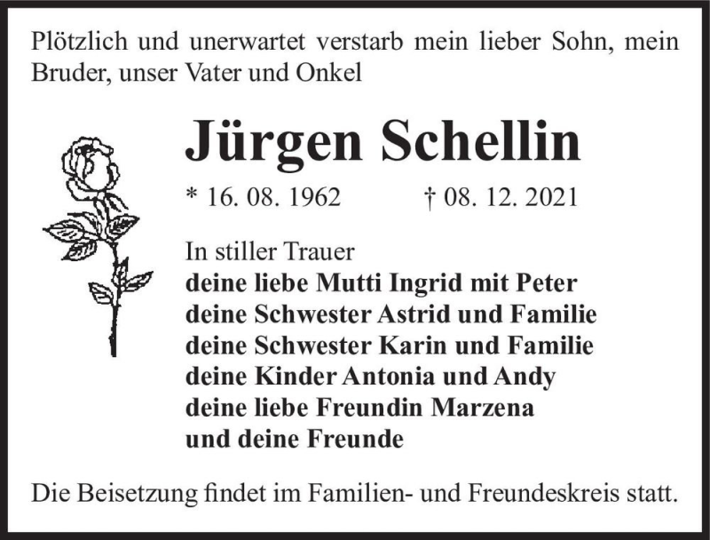  Traueranzeige für Jürgen Schellin  vom 18.12.2021 aus Magdeburger Volksstimme
