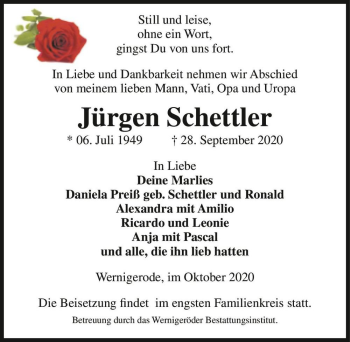 Traueranzeige von Jürgen Schettler  von Magdeburger Volksstimme