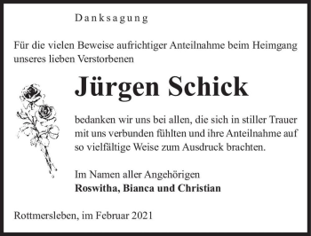 Traueranzeige von Jürgen Schick  von Magdeburger Volksstimme