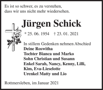 Traueranzeige von Jürgen Schick  von Magdeburger Volksstimme
