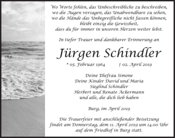 Traueranzeige von Jürgen Schindler  von Magdeburger Volksstimme