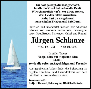 Traueranzeige von Jürgen Schlanze  von Magdeburger Volksstimme