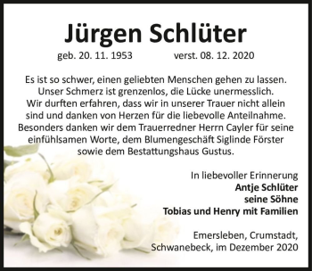 Traueranzeige von Jürgen Schlüter  von Magdeburger Volksstimme