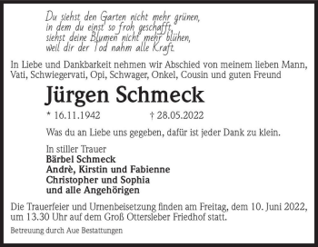 Traueranzeige von Jürgen Schmeck  von Magdeburger Volksstimme