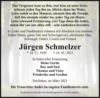 Traueranzeige von Jürgen Schmelzer  von Magdeburger Volksstimme