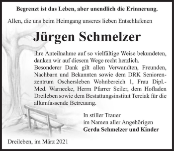 Traueranzeige von Jürgen Schmelzer  von Magdeburger Volksstimme
