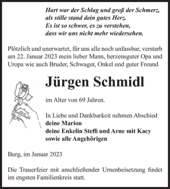 Traueranzeige von Jürgen Schmidl  von Magdeburger Volksstimme
