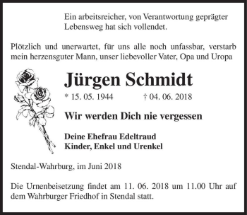 Traueranzeige von Jürgen Schmidt  von Magdeburger Volksstimme