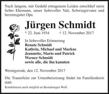 Traueranzeige von Jürgen Schmidt  von Magdeburger Volksstimme