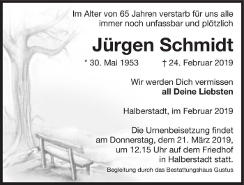 Traueranzeige von Jürgen Schmidt  von Magdeburger Volksstimme