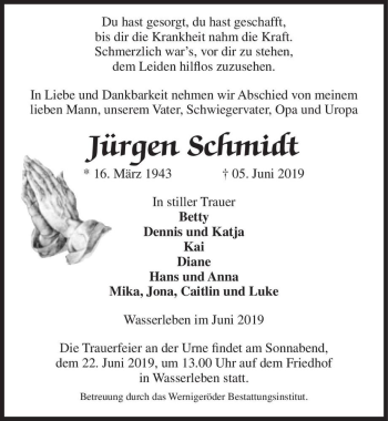Traueranzeige von Jürgen Schmidt  von Magdeburger Volksstimme