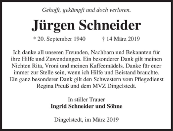 Traueranzeige von Jürgen Schneider  von Magdeburger Volksstimme