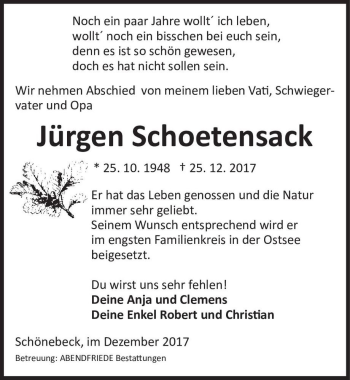 Traueranzeige von Jürgen Schoetensack  von Magdeburger Volksstimme