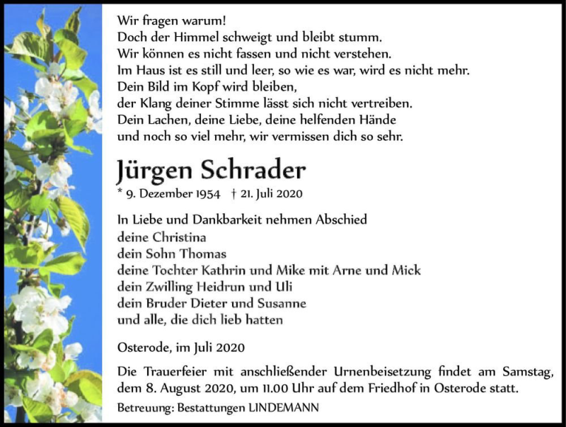  Traueranzeige für Jürgen Schrader  vom 25.07.2020 aus Magdeburger Volksstimme