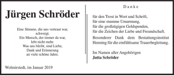 Traueranzeige von Jürgen Schröder  von Magdeburger Volksstimme