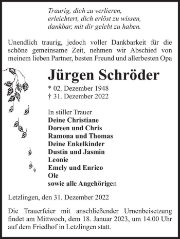 Traueranzeige von Jürgen Schröder  von Magdeburger Volksstimme