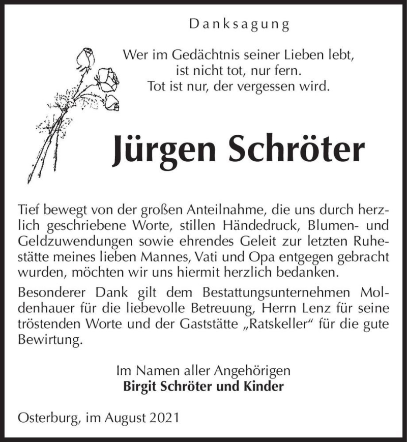  Traueranzeige für Jürgen Schröter  vom 13.08.2021 aus Magdeburger Volksstimme