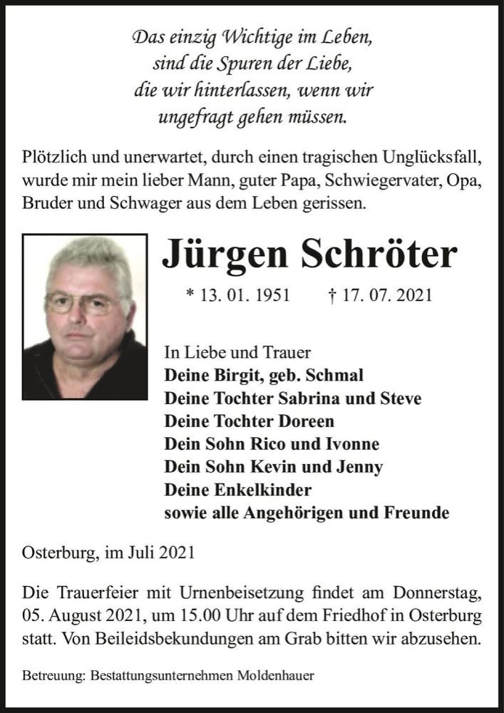  Traueranzeige für Jürgen Schröter  vom 31.07.2021 aus Magdeburger Volksstimme