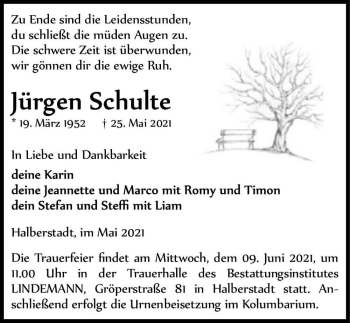 Traueranzeige von Jürgen Schulte  von Magdeburger Volksstimme
