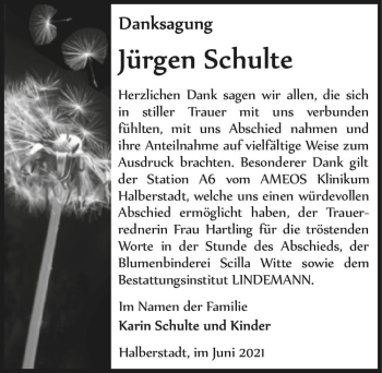 Traueranzeige von Jürgen Schulte  von Magdeburger Volksstimme