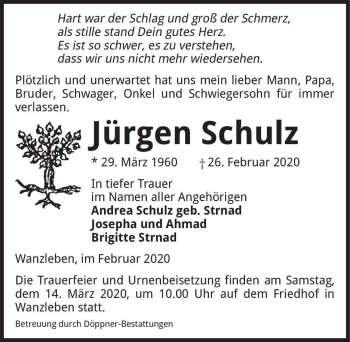 Traueranzeige von Jürgen Schulz  von Magdeburger Volksstimme