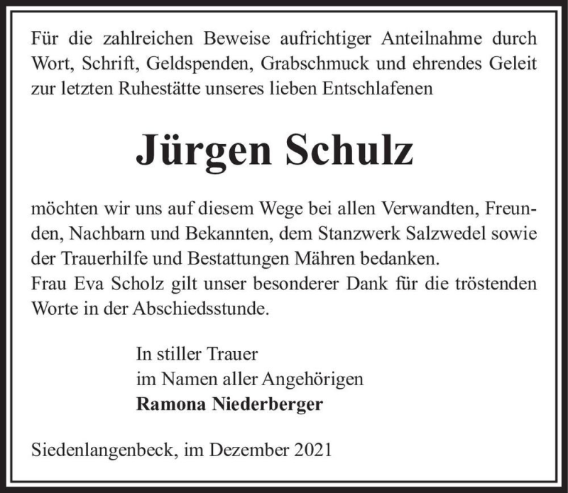  Traueranzeige für Jürgen Schulz  vom 15.12.2021 aus Magdeburger Volksstimme