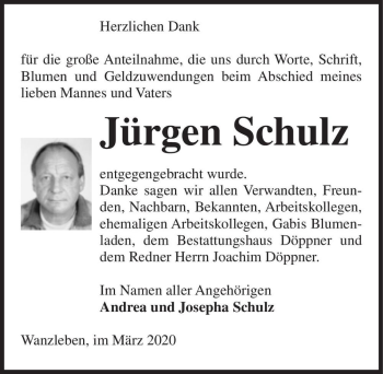 Traueranzeige von Jürgen Schulz  von Magdeburger Volksstimme