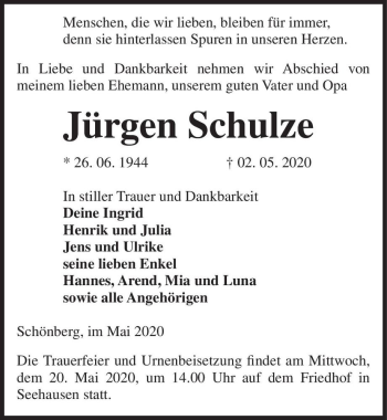 Traueranzeige von Jürgen Schulze  von Magdeburger Volksstimme