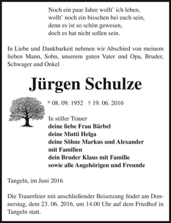 Traueranzeige von Jürgen Schulze  von Magdeburger Volksstimme