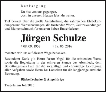 Traueranzeige von Jürgen Schulze  von Magdeburger Volksstimme