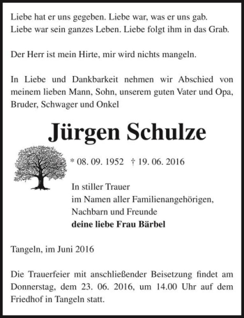 Traueranzeige von Jürgen Schulze  von Magdeburger Volksstimme