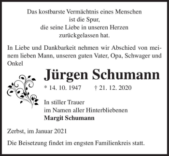 Traueranzeige von Jürgen Schumann  von Magdeburger Volksstimme