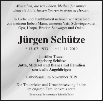 Traueranzeige von Jürgen Schütze  von Magdeburger Volksstimme
