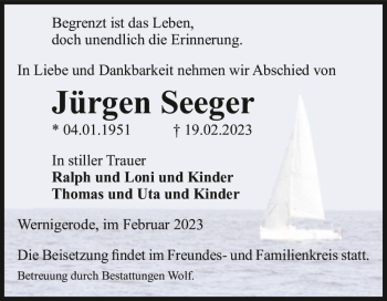 Traueranzeige von Jürgen Seeger  von Magdeburger Volksstimme