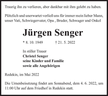 Traueranzeige von Jürgen Senger  von Magdeburger Volksstimme