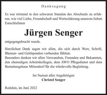 Traueranzeige von Jürgen Senger  von Magdeburger Volksstimme