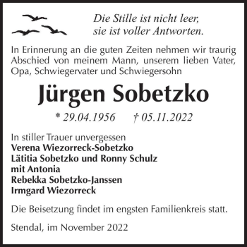 Traueranzeige von Jürgen Sobetzko  von Magdeburger Volksstimme
