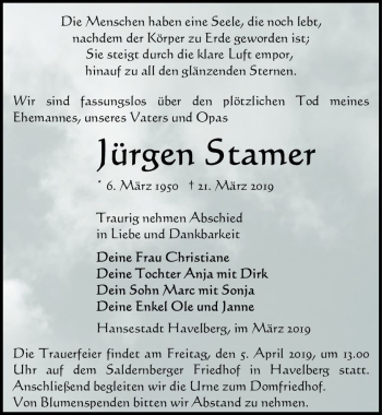 Traueranzeige von Jürgen Stamer  von Magdeburger Volksstimme