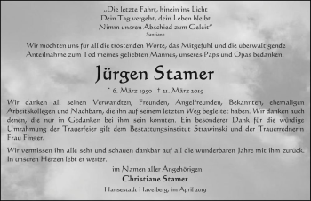 Traueranzeige von Jürgen Stamer  von Magdeburger Volksstimme