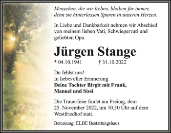 Traueranzeige von Jürgen Stange  von Magdeburger Volksstimme
