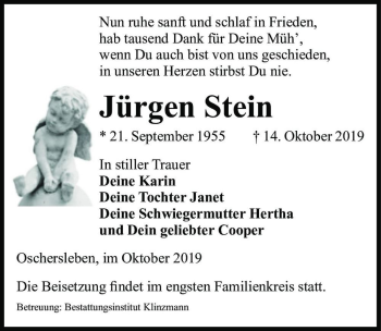 Traueranzeige von Jürgen Stein  von Magdeburger Volksstimme