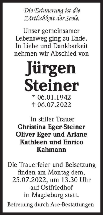Traueranzeige von Jürgen Steiner  von Magdeburger Volksstimme