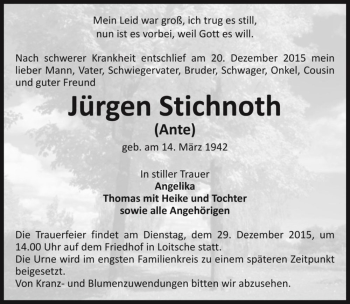 Traueranzeige von Jürgen Stichnoth (Ante)  von Magdeburger Volksstimme