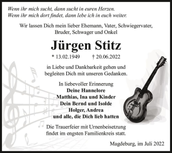 Traueranzeige von Jürgen Stitz  von Magdeburger Volksstimme