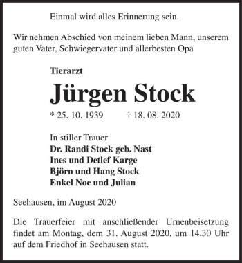 Traueranzeige von Jürgen Stock  von Magdeburger Volksstimme